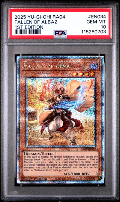 Yu Gi Oh! Ra04 Quarter Century Stampede En034 Fallen Of Albaz 1St Edition PSA 10 GEM MINT Cert #115280703