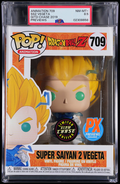 Funko Pop! PSA Graded Dragon Ball Z: Super Saiyan 2 Vegeta (GITD PX Chase) PSA Graded 8.5 NM-MT+ Vinyl Figure #709 Cert #02308658