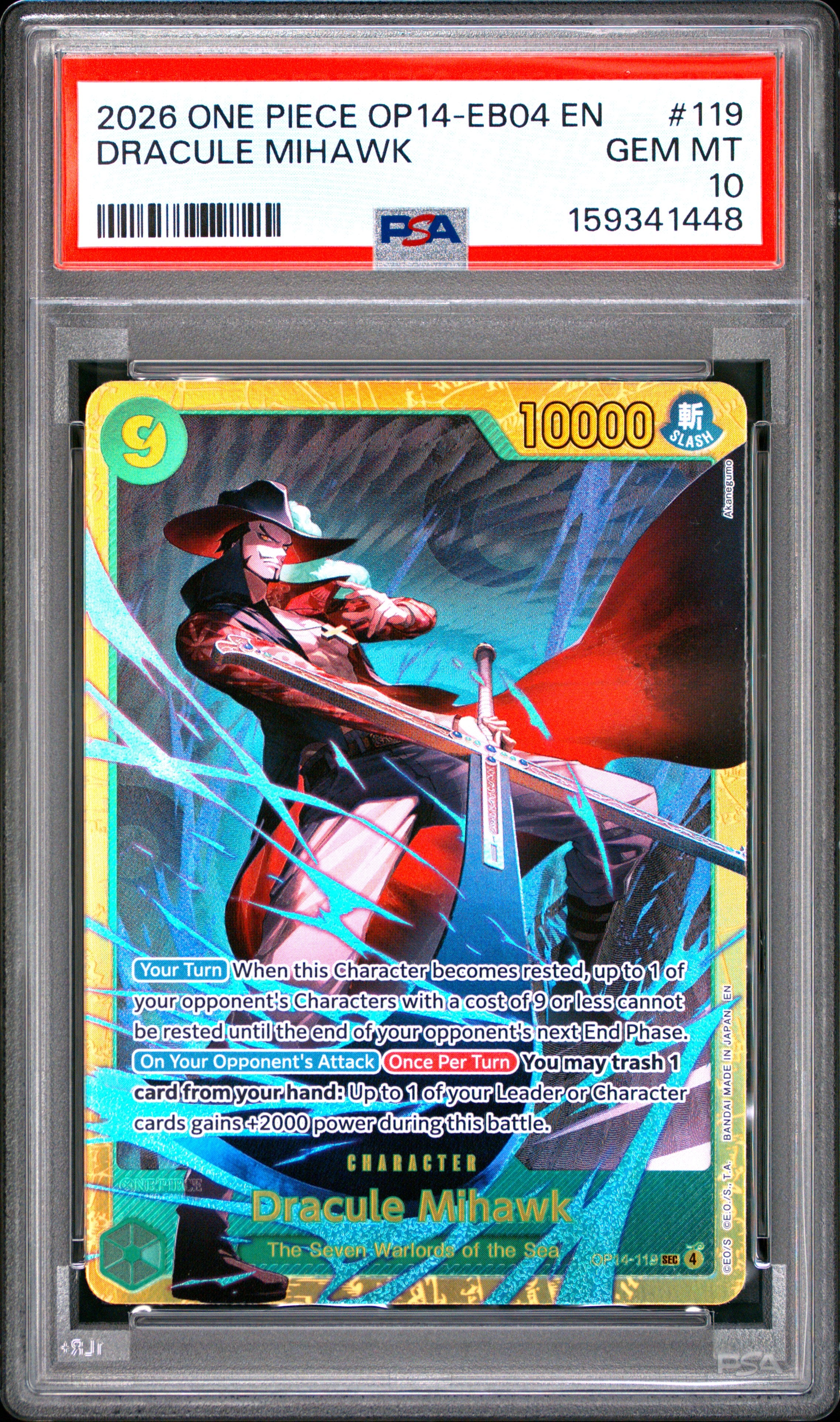 One Piece Op14 Eb04 The Azure Sea's Seven 119 Dracule Mihawk PSA 10 GEM MINT Cert #159341448