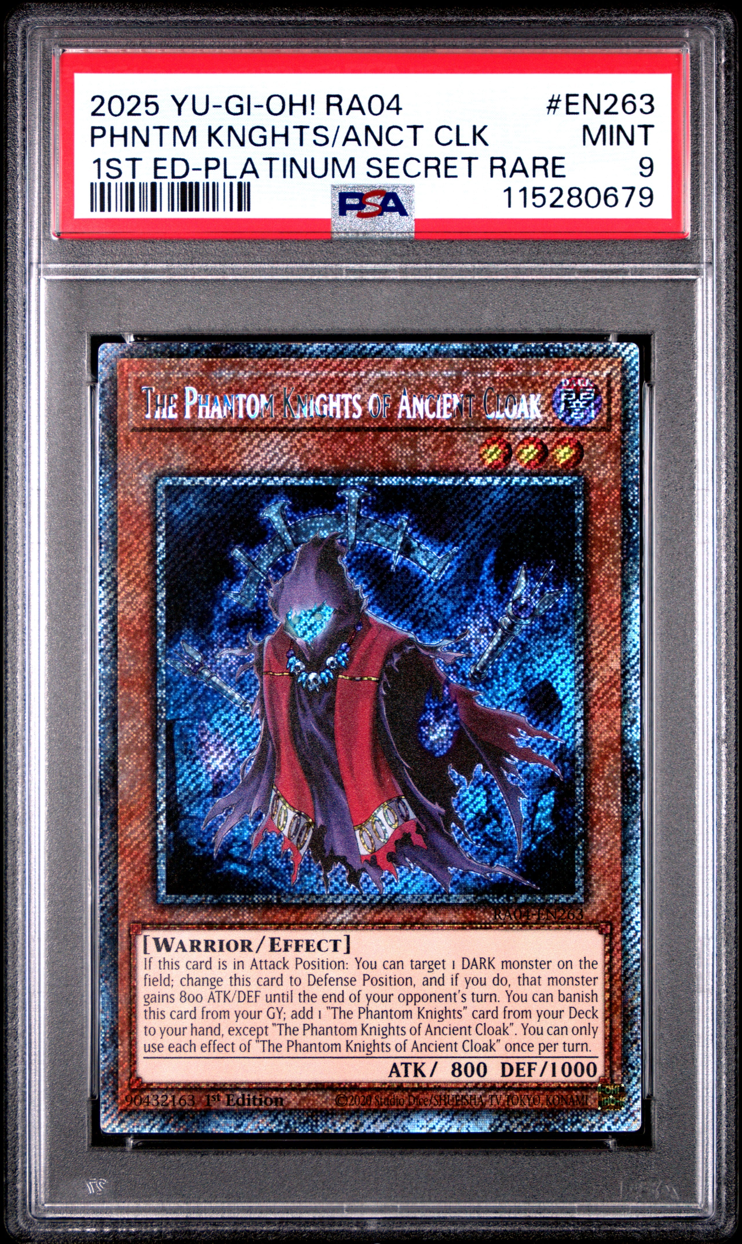 Yu Gi Oh! Ra04 Quarter Century Stampede En263 The Phantom Knights Of Ancient Cloak 1St Edition Platinum Secret Rare PSA 9 MINT Cert #115280679