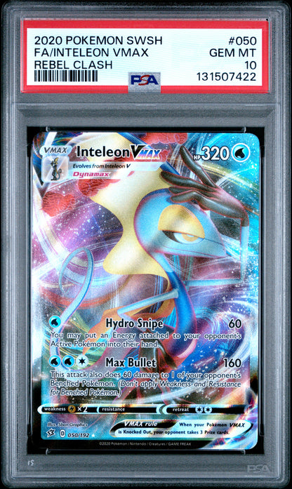 Pokemon Sword & Shield Rebel Clash 050 Full Art/Inteleon Vmax  PSA 10 GEM MINT Cert #131507422