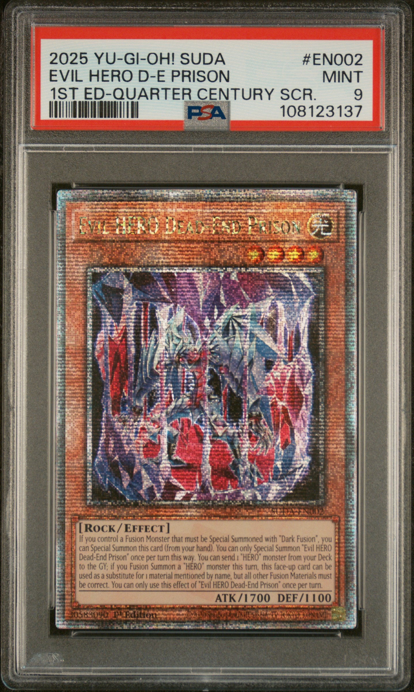 Yu-Gi-Oh! Suda-Supreme Darkness En002 Evil Hero Dead-End Prison 1St Edition-Quarter Century Secret Rare Card Psa 9 Mint Cert #108123137 – Boxed Vinyl