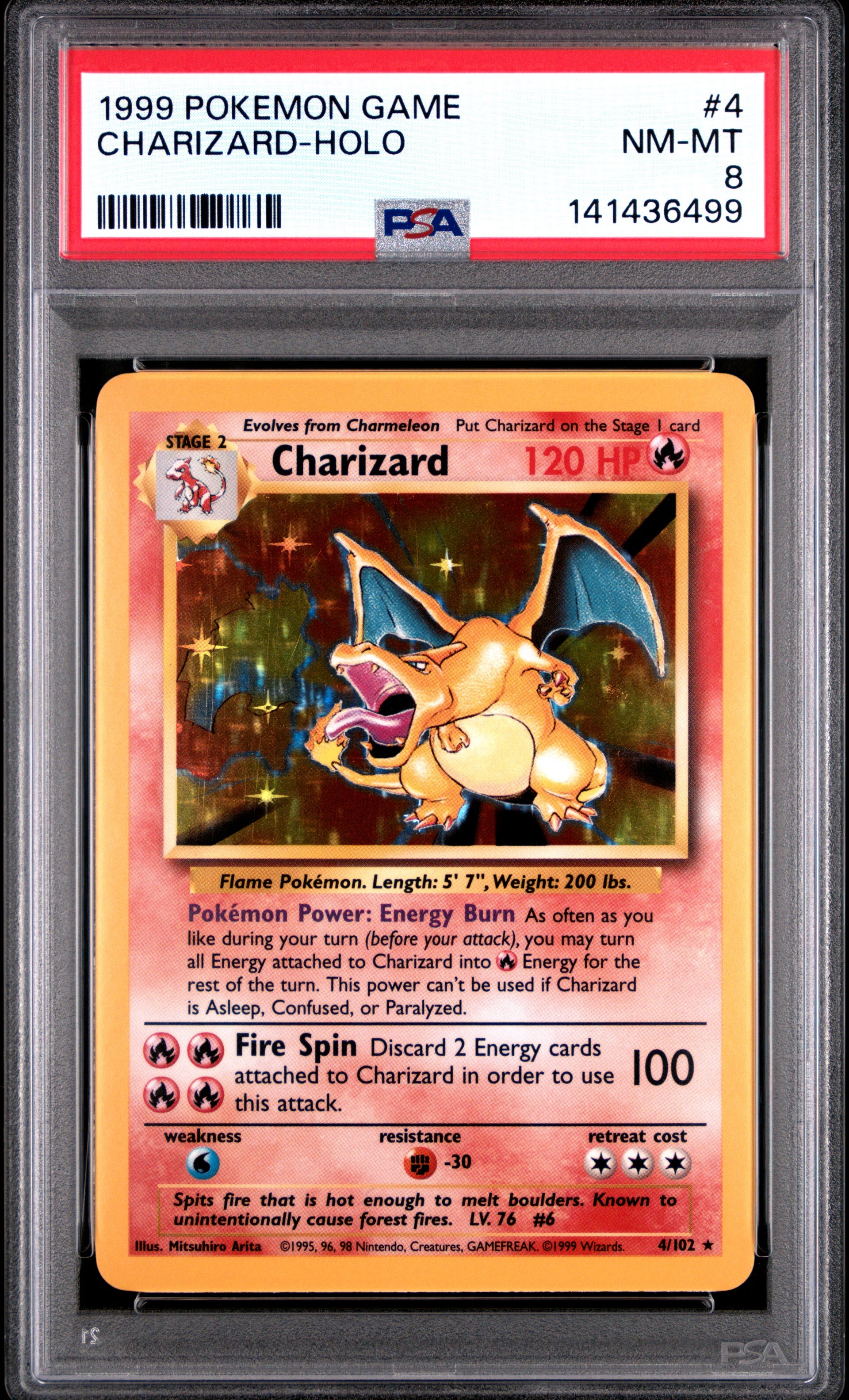 Pokemon Game 4 Charizard Holo PSA 8 NM-MT Cert #141436499 – Boxed Vinyl