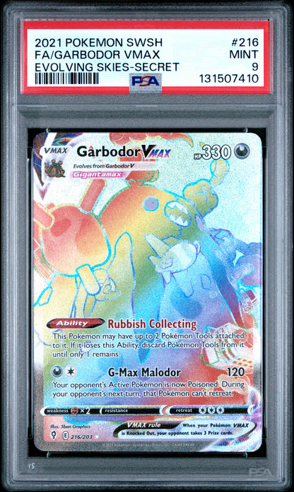 Pokemon Sword & Shield Evolving Skies 216 Full Art/Garbodor Vmax Secret PSA 9 MINT Cert #131507410